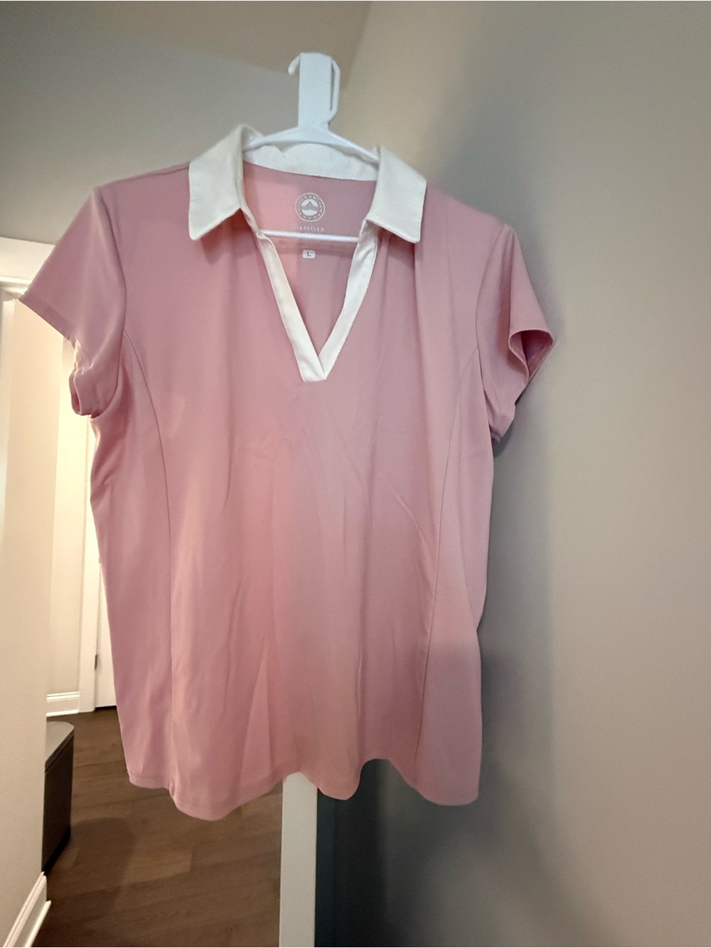 Pink Short-Sleeve Polo V-Neck Top with White Collar